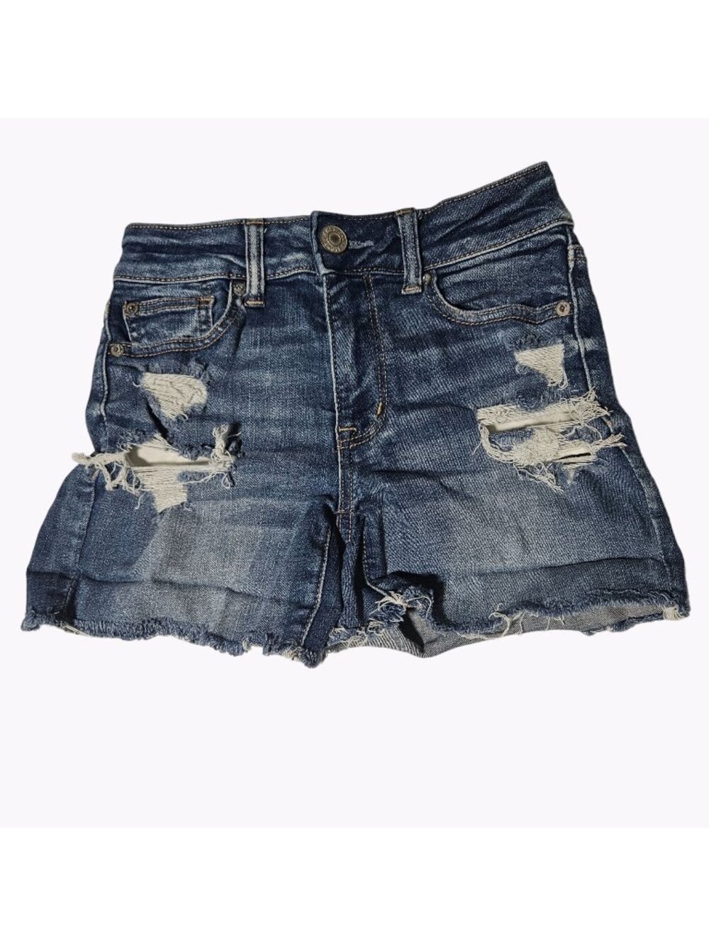 American Eagle Hi Rise Shortie Jean Shorts Womens Size 0 Ripped Distressed Denim